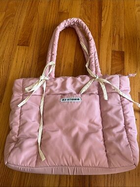 Ply Studios Pink Quilted Tote with Ribbon Ties